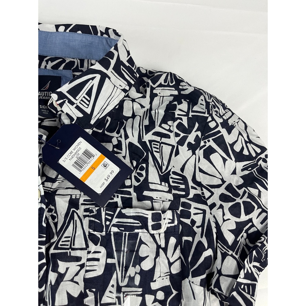 Nautica Jeans Womens Small‎ S/S Button Up Shirt Black White Boat Print NWT